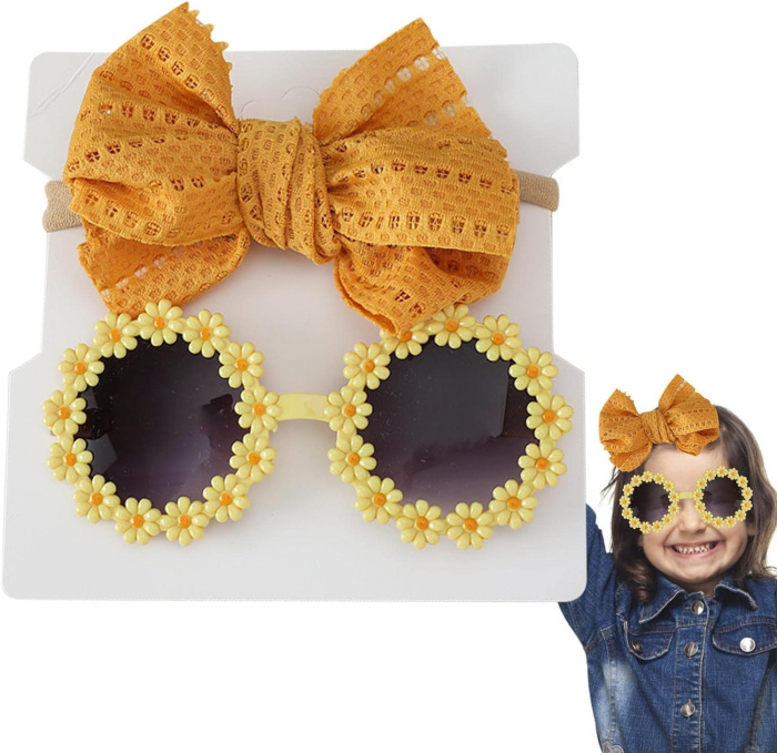 Set Ochelari de Soare pentru Fetite, Model Floricele Vesele, Marime Universala - Galben [9]