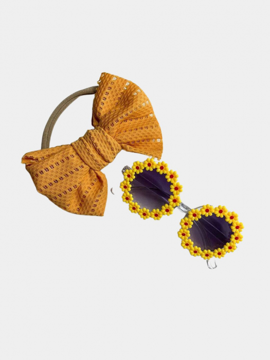 Set Ochelari de Soare pentru Fetite, Model Floricele Vesele, Marime Universala - Galben [2]