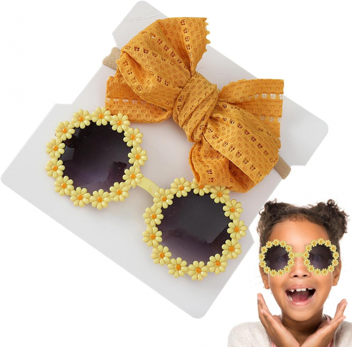 Set Ochelari de Soare pentru Fetite, Model Floricele Vesele, Marime Universala - Galben [7]