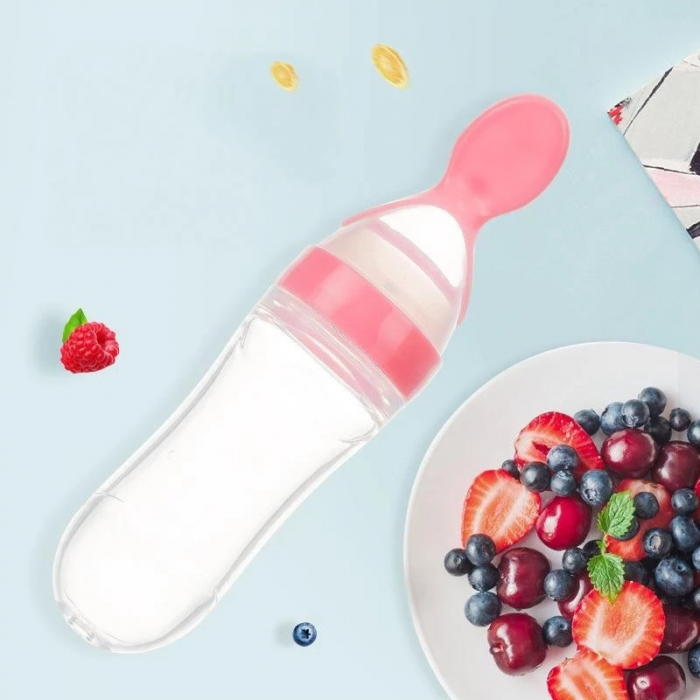Sticla din Silicon pentru Bebe cu Lingurita - Roz [8]