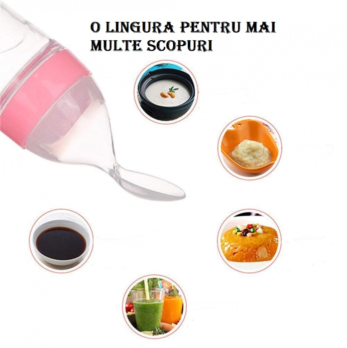 Sticla din Silicon pentru Bebe cu Lingurita - Roz [6]