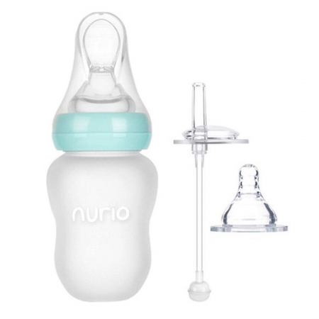 Biberoane si Accesorii - Sticluta inteligenta pentru diversificare 3 in 1 Nurio – lingurita, pai si tetina din silicon, 180 ml, bleu pastel