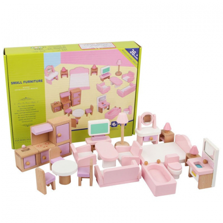 Casute Papusi - Set Mobilier Roz pentru Casa de Papusi din Lemn- 22 Piese