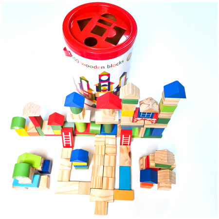 Cuburi Constructie Colorate din Lemn - 100 piese