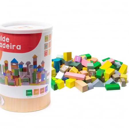 Montessori - Cuburi de Constructie din Lemn Colorate - 100 piese