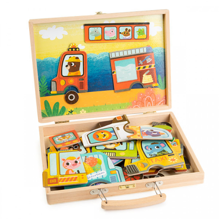 Puzzle-uri Clasice si Speciale - Gentuta din Lemn cu Carduri si Puzzle Magnetic - Animalute si Masini Montessori
