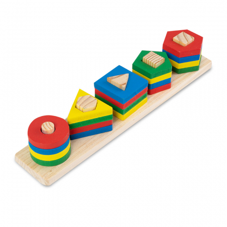 Jucarii Stivuire - Jucarie din Lemn - Potrivire si Stivuire 5 Forme Geometrice Colorate