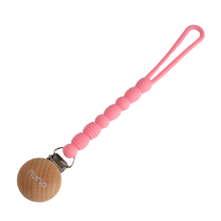 Lantisor Suzete - Lant pentru Suzeta, din Silicon si Lemn, pentru Dentitie, cu Clips, Pink, +0 luni