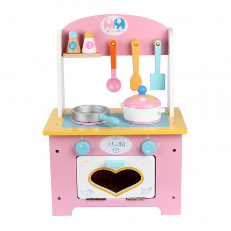 Montessori - Mini Set de Bucatarie din Lemn Roz cu Accesorii si Inimioara