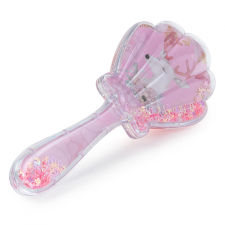 Perii de Par - Perie de Par pentru Fetite, cu Dinti Moi, in Forma de Scoica, cu Confetti si Cerb, 19.5 cm - Nurio