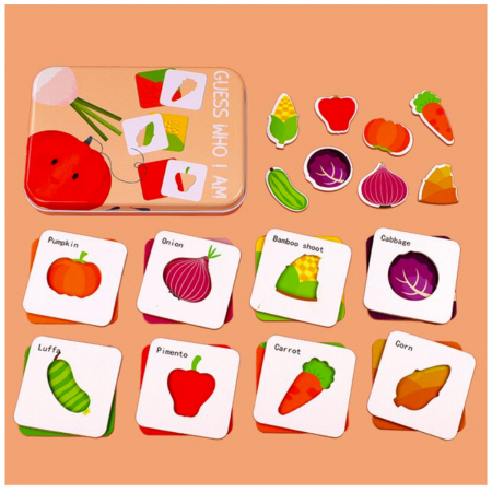Puzzle-uri Clasice si Speciale - Puzzle din Lemn in Cutie Metalica - Legume Montessori