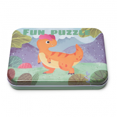Puzzle-uri Clasice si Speciale - Puzzle din Lemn cu Dinozauri in Cutie Metalica Montessori