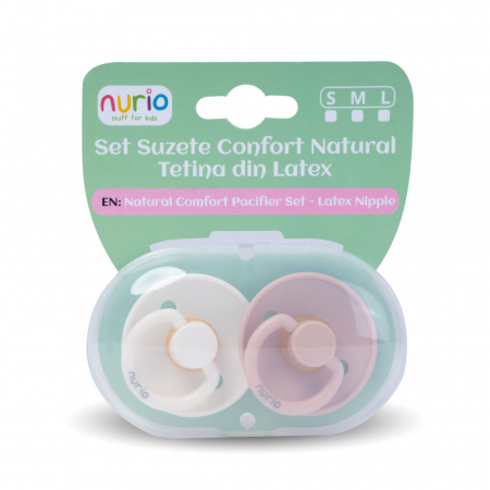 Ingrijirea si Confortul Bebelusului: - Set de 2 Suzete Natural Comfort - Tetina din Latex, Culori Crem si Roz Pudrat