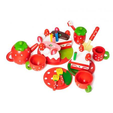 Set de Ceai si Tort Aniversar din Lemn in Cutie - Strawberry Party Montessori [2]
