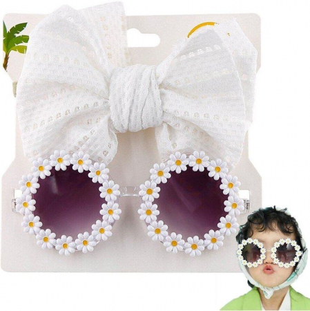 Set Ochelari de Soare pentru Fetite, Model Floricele Vesele, Marime Universala - Alb [6]