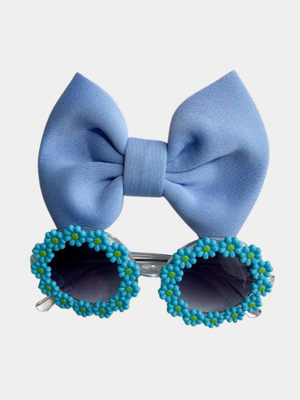 Accesorii - Set Ochelari de Soare pentru Fetite, Model Floricele Vesele, Marime Universala - Albastru