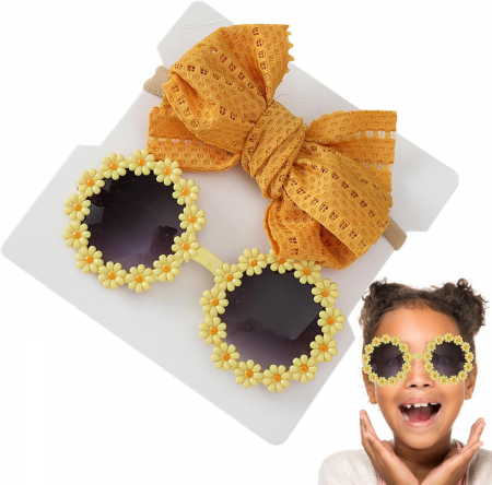 Set Ochelari de Soare pentru Fetite, Model Floricele Vesele, Marime Universala - Galben [6]