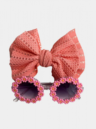 Palarii si Ochelari de Soare - Set Ochelari de Soare pentru Fetite, Model Floricele Vesele, Marime Universala - Roz