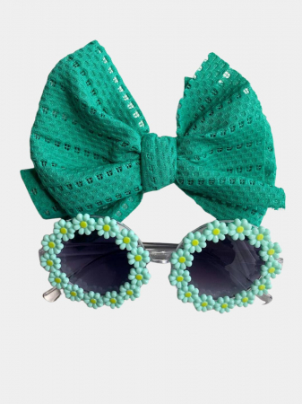 Palarii si Ochelari de Soare - Set Ochelari de Soare pentru Fetite, Model Floricele Vesele, Marime Universala - Verde