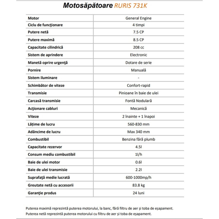 Motosapatoare profesionala Ruris 731ACC1, 7.5 CP, 560-830 mm, 3 viteze + accesorii incluse [6]