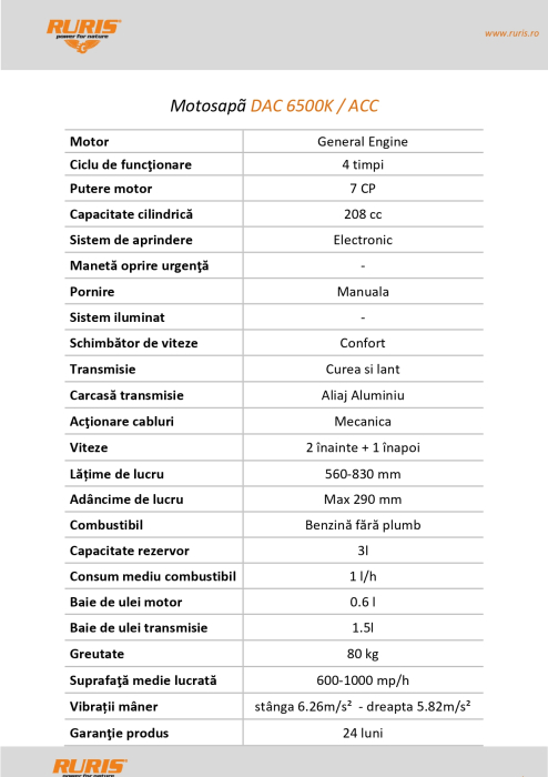 Motosapatoare semiprofesionala RURIS DAC 6500K, 7 CP, lat. lucru 83 cm, 1000 mp/h [11]