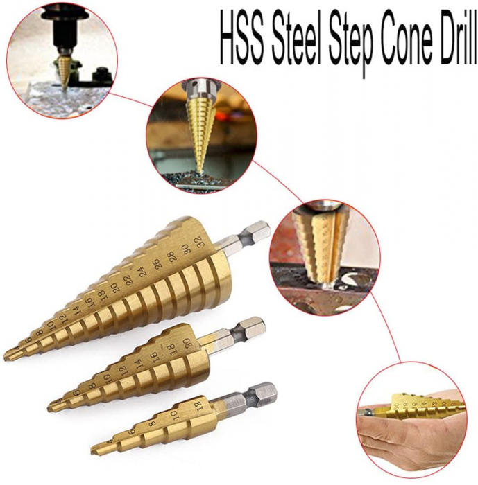 Burghiu conic metal in trepte, spiral conic 4-12 mm [4]