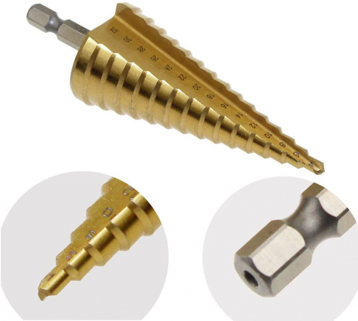 Burghiu conic metal in trepte, spiral conic 4-12 mm [5]