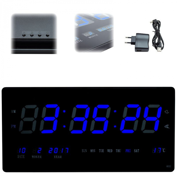 Ceas electronic de perete cu LED-uri culoare albastra, si display mare ultraslim JH4622 [2]