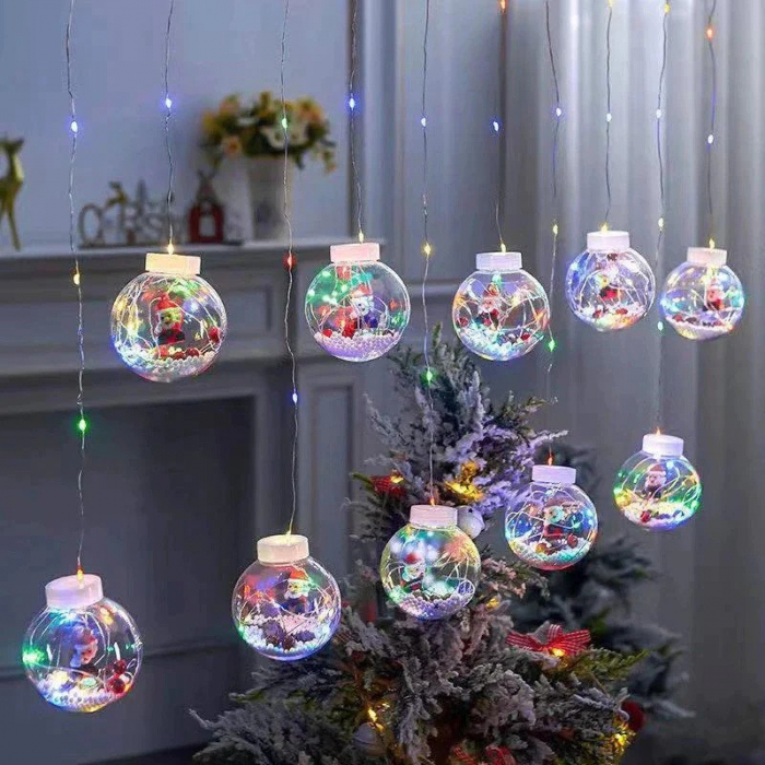 Instalatie craciun,perdea luminoasa multicolora RGB 10 globuri figurine cu Mos Craciun [2]
