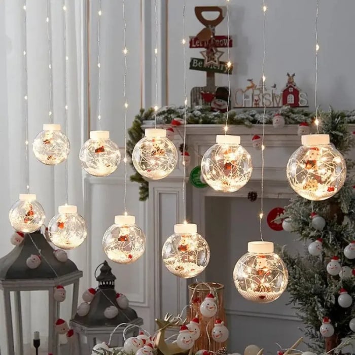 Instalatie perdea cu globuri si figurine Mos Craciun,10 globuri lumina Alb cald [4]