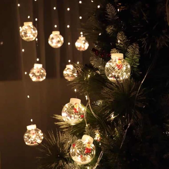 Instalatie perdea cu globuri si figurine Mos Craciun,10 globuri lumina Alb cald [2]