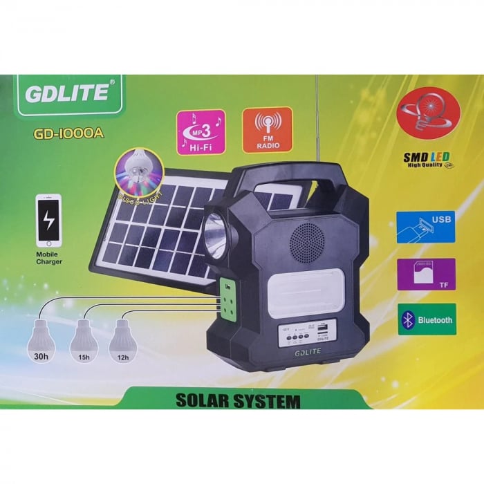 Kit Solar Portabil Gdlite Gd A Cu Usb Bluetooth Radio Fm Mp Player Si Becuri Incluse