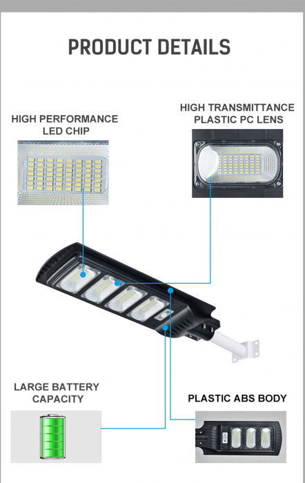 Lampa solara stradala 200W Jortan JT-G-200G, cu panou fotovoltaic si senzor lumina [5]