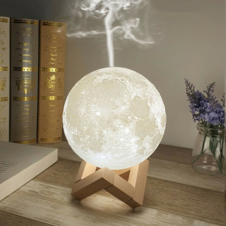 Lampi de veghe - Umidificator lampa veghe, Luna Moon 3D cu suport de lemn