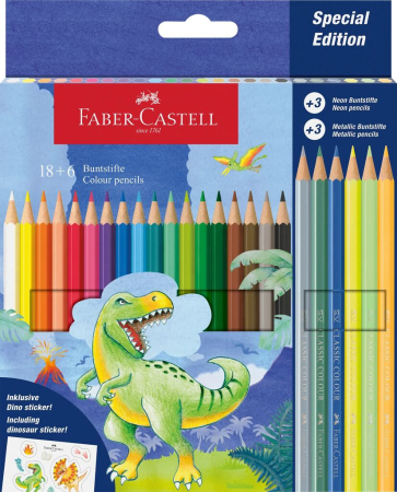 Brand - Creioane Colorate 18+6 Culori Dinozauri, Faber-Castell