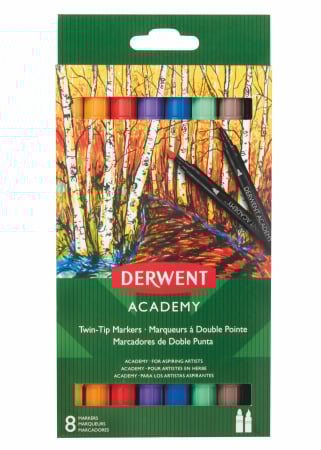 Derwent - Markere cu 2 capete - varf tip pensula si varf fin, 8 buc/set Derwent Academy