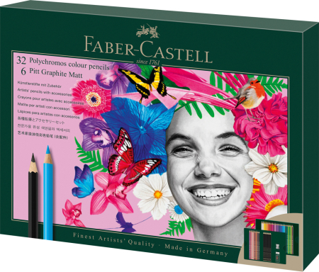 Brand - Set Cadou 32 Creioane Colorate Polychromos + 6 Creioane Grafit Matt + Accesorii, Faber-Castell