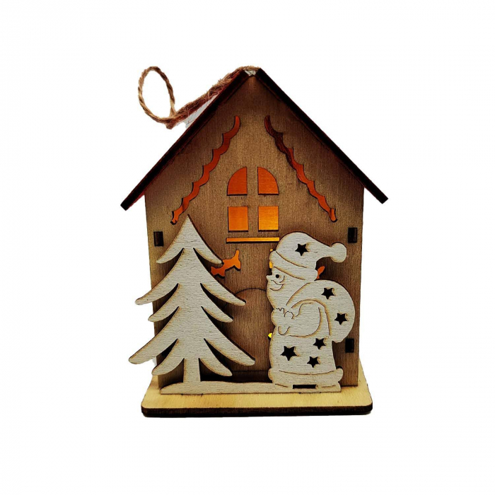 Decoratiune Craciun, Casuta din Lemn Decupat cu Lumina calda LED, 10x7x8 cm, Mos, VisionXXI [2]