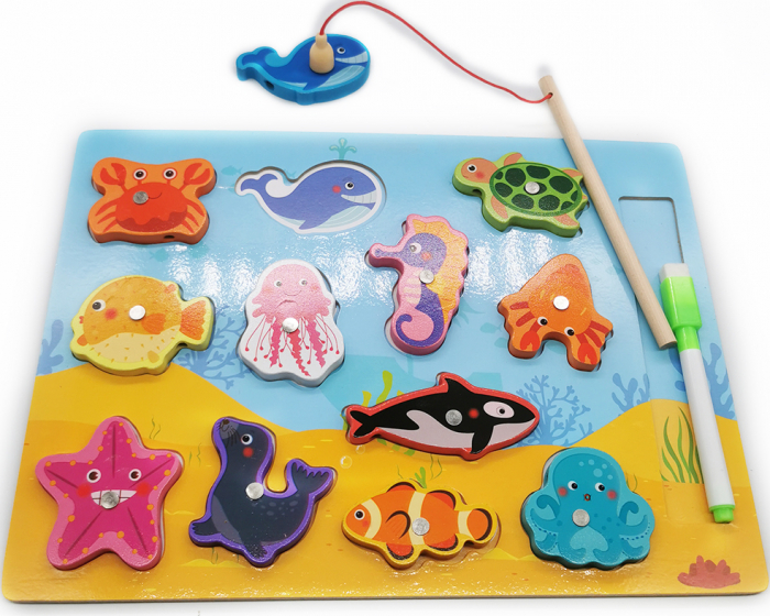 Joc de Pescuit din Lemn cu magnet, 16 piese, cu tablita si marker de scris pe verso, 30x22cm, VisionXXI [2]