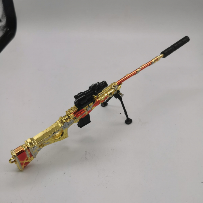 Jucarie Miniatura de colectie Pusca Sniper 25 cm, Integral din metal, cu luneta, amortizor si trepied demontabile, Model de pirati auriu, Vision XXI [5]