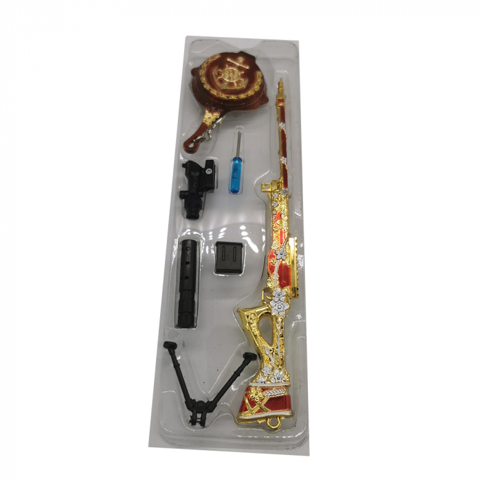 Jucarie Miniatura de colectie Pusca Sniper 25 cm, Integral din metal, cu luneta, amortizor si trepied demontabile, Model de pirati auriu, Vision XXI [2]