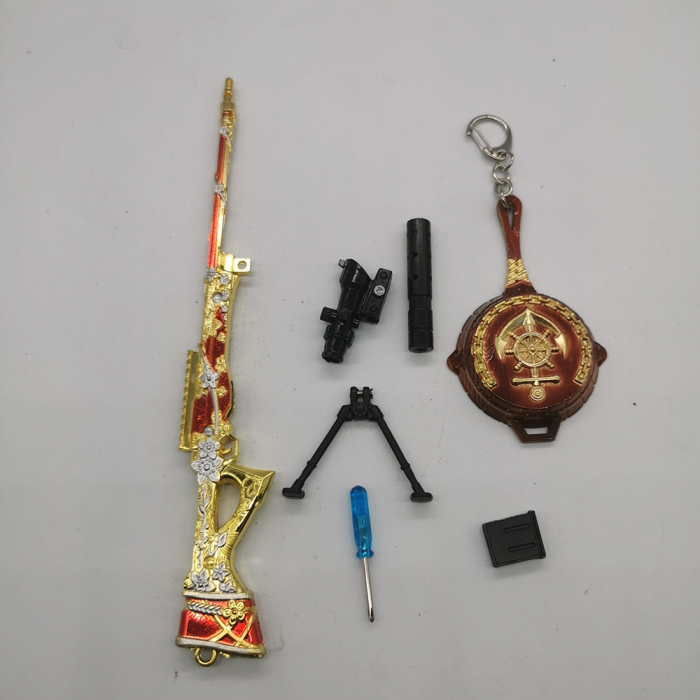 Jucarie Miniatura de colectie Pusca Sniper 25 cm, Integral din metal, cu luneta, amortizor si trepied demontabile, Model de pirati auriu, Vision XXI [4]