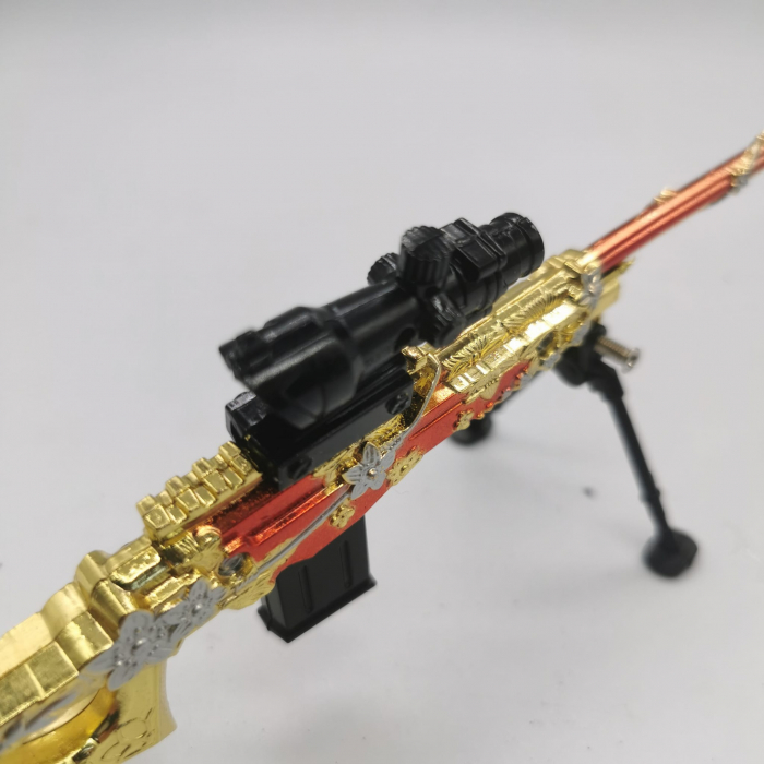 Jucarie Miniatura de colectie Pusca Sniper 25 cm, Integral din metal, cu luneta, amortizor si trepied demontabile, Model de pirati auriu, Vision XXI [6]
