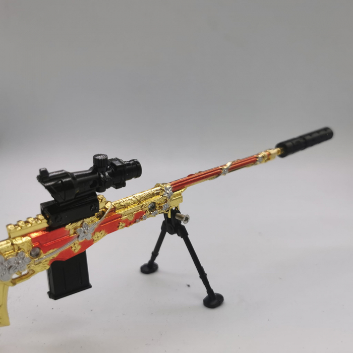 Jucarie Miniatura de colectie Pusca Sniper 25 cm, Integral din metal, cu luneta, amortizor si trepied demontabile, Model de pirati auriu, Vision XXI [3]