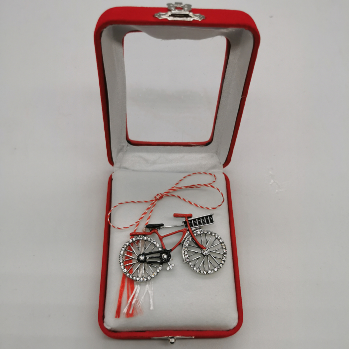 Martisor Brosa Mare, Bicicleta Argintie, in cutie de catifea rosie cu fereastra de sticla, VisionXXI [2]
