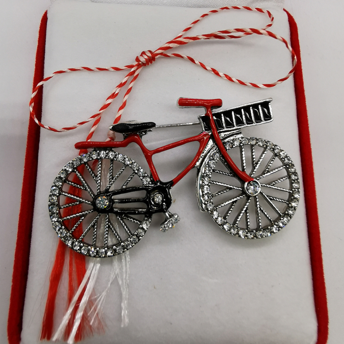Martisor Brosa Mare, Bicicleta Argintie, in cutie de catifea rosie cu fereastra de sticla, VisionXXI [5]