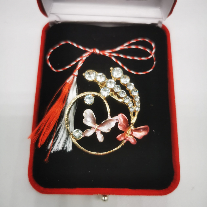Martisor Brosa Mare in cutie de catifea rosie cu fereastra de sticla, Aranjament Floral cu Fluturi Roz, Colectia VisionXXI [4]