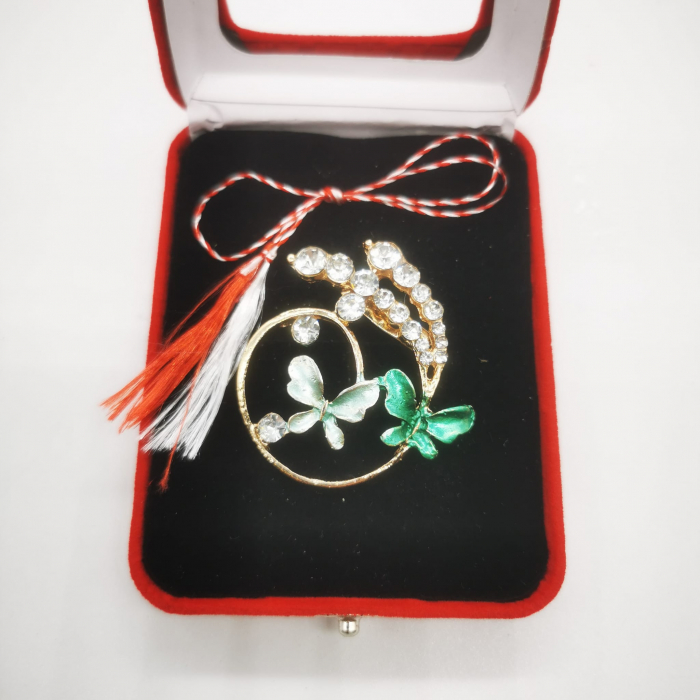 Martisor Brosa Mare in cutie de catifea rosie cu fereastra de sticla, Aranjament Floral cu Fluturi Turcoaz, Colectia VisionXXI [4]