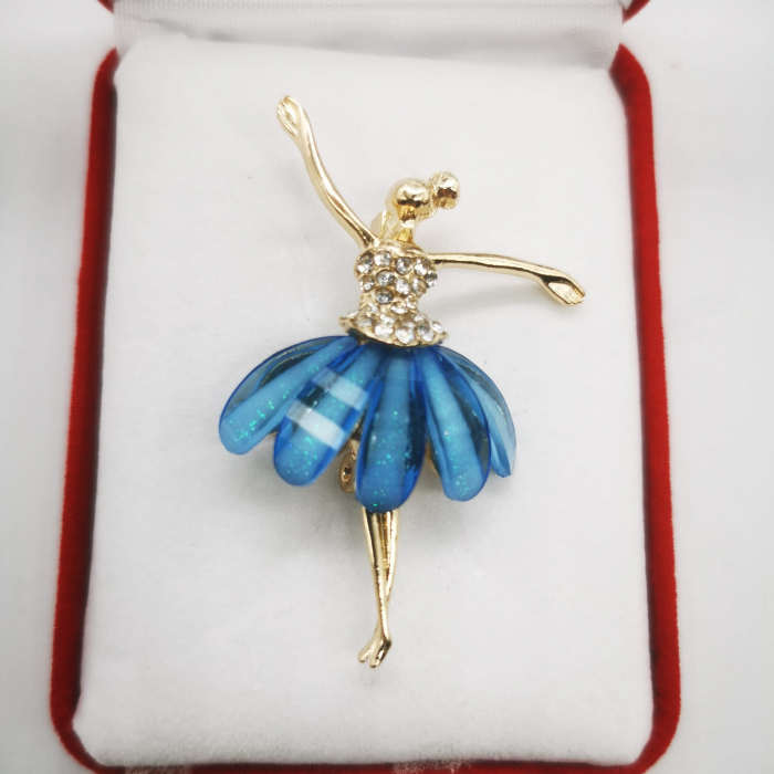 Martisor Brosa Mare in cutie de catifea rosie cu fereastra de sticla, Balerina Gratioasa, albastru, Colectia VisionXXI [3]