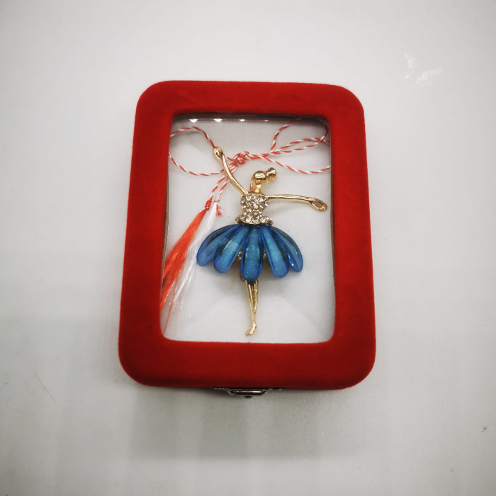 Martisor Brosa Mare in cutie de catifea rosie cu fereastra de sticla, Balerina Gratioasa, albastru, Colectia VisionXXI [4]